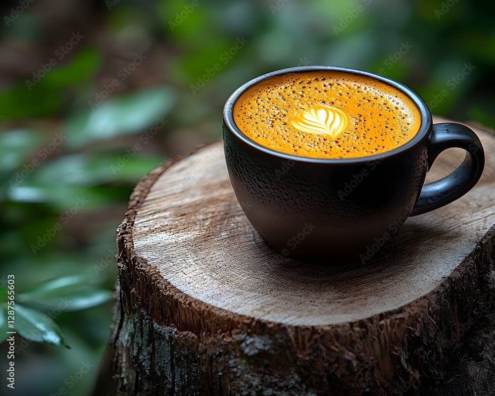 Poster steaming cup of artfully crafted coffee on rustic log slice in serene forest setting