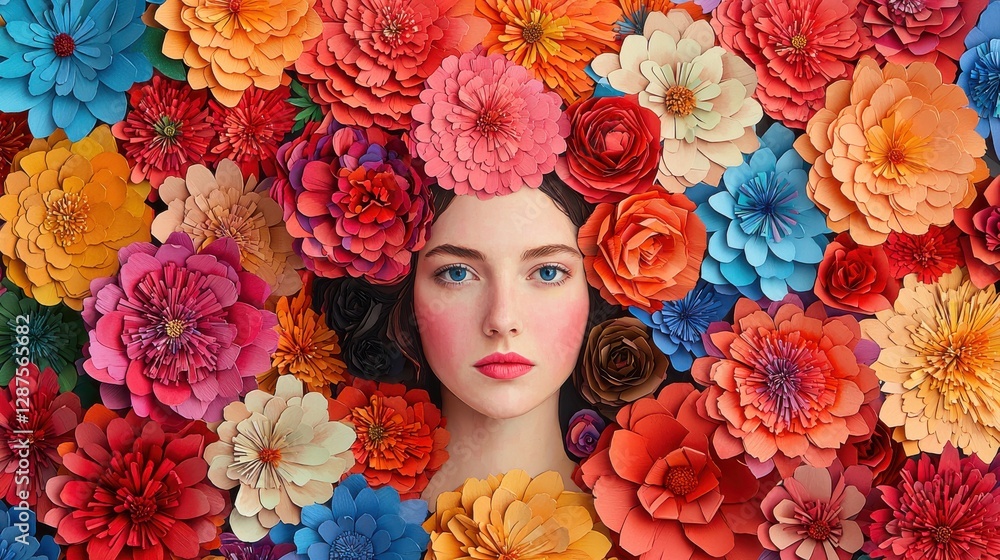 Poster a woman's face emerges from a vibrant array of flowers, showcasing a blend of colors and textures th
