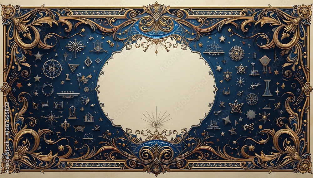 Poster ornate frame with celestial elements and blank space for creative projects