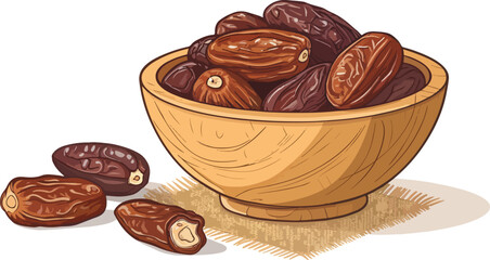Dates Illustration vector designDates in wooden bowl on table in white background Illustration vector design