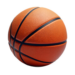 Obraz premium Textured orange basketball ball with black stripes isolated on transparent background. Hyperrealistic 3D render, studio lighting. Ideal for sports designs, athletic themes, and cutout projects.
