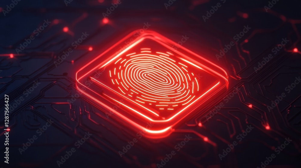 Poster a glowing red fingerprint icon on a dark, circuit-patterned background, symbolizing security and dig