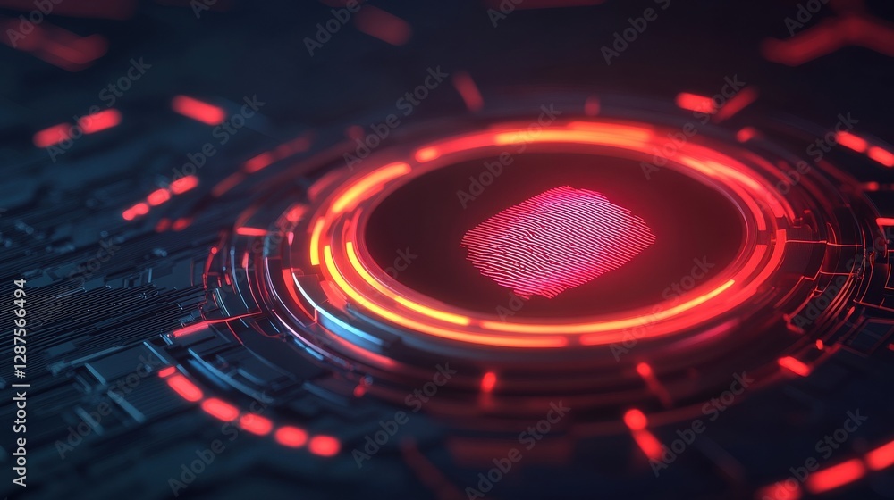Poster a vibrant, futuristic design featuring a fingerprint surrounded by glowing red and blue circular pat