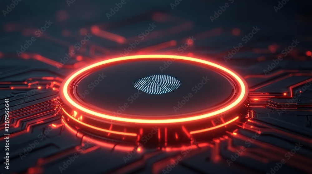 Poster a futuristic, glowing circular interface embedded in a dark, circuit-like background, featuring a bl