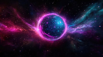 Obraz premium A vibrant cosmic scene featuring a swirling galaxy with a central glowing sphere, surrounded by colorful nebulae in shades of pink and blue.