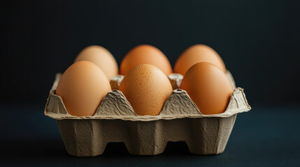 A carton holds six brown eggs against a dark background, showcasing their smooth textures and natural colors.
