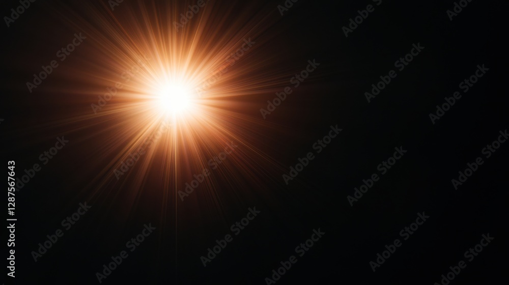 Poster a bright light source emanating glowing rays against a dark background, creating a striking contrast