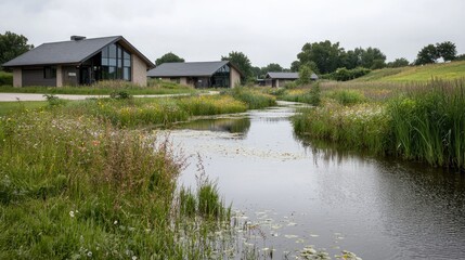 Obraz premium Modern cabins by a tranquil waterway