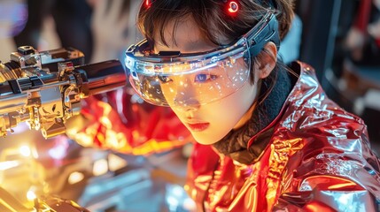 teenager wearing futuristic glasses interacts with advanced technology, showcasing vibrant and dynamic environment