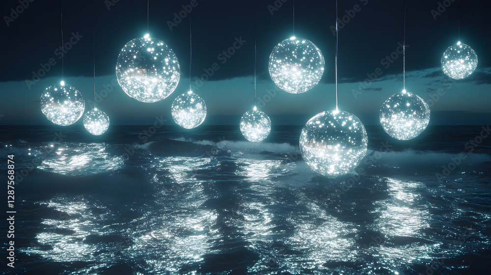 Aufkleber group of illuminated floating lights on the surface of a tranquil ocean at night