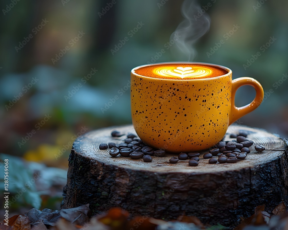 Poster steaming cup of artisanal coffee served on rustic log slice in serene forest setting