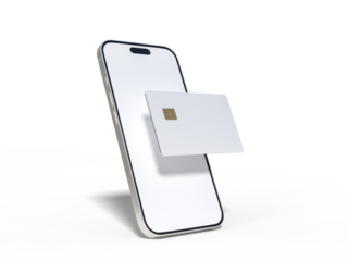 Smartphone and plastic credit card templates. Empty debit card with chip card isolated on background. Mockup empty concept for saving money wealth and financial, technology payment, digital purchase.