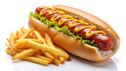 Juicy Hot Dog with Crispy French Fries on White â€“ Fast Food Stock Photo