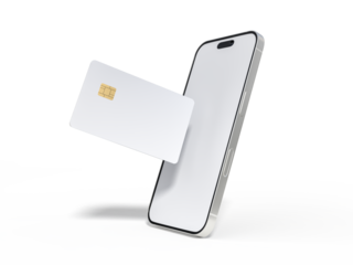 Smartphone and plastic credit card templates. Empty debit card with chip card isolated on background. Mockup empty concept for saving money wealth and financial, technology payment, digital purchase.