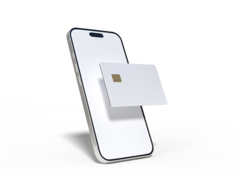Smartphone and plastic credit card templates. Empty debit card with chip card isolated on background. Mockup empty concept for saving money wealth and financial, technology payment, digital purchase.