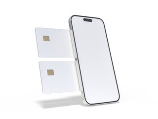 Smartphone and plastic credit card templates. Empty debit card with chip card isolated on background. Mockup empty concept for saving money wealth and financial, technology payment, digital purchase.