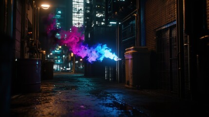 Obraz premium Vibrant smoke billowing from a container in a neon-lit urban alley at night