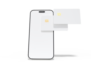 Smartphone and plastic credit card templates. Empty debit card with chip card isolated on background. Mockup empty concept for saving money wealth and financial, technology payment, digital purchase.