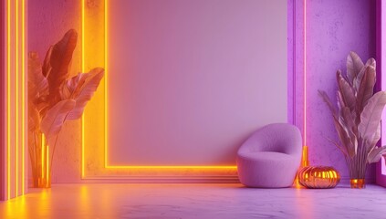 Gentle lavender space, 3D, glowing amber neon, plain wall.
