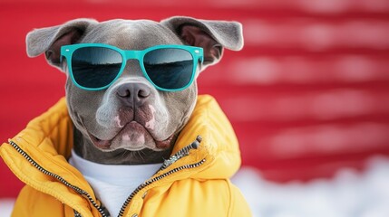 Close-up of a dog wearing a neon yellow jacket, teal sunglasses, and a white t-shirt, playfully wagging its tail and making a silly face, set against a vibrant red background