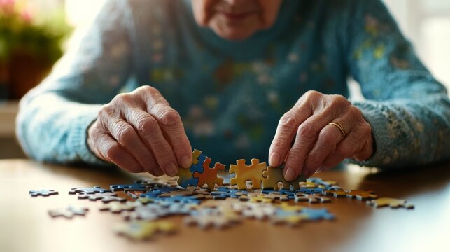 A senior woman staring at an incomplete jigsaw puzzle, reflecting dementia symptoms. Featuring frustration and reflection