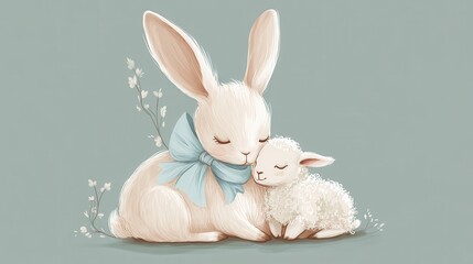 Obraz premium Whimsical Embrace of Bunny and Lamb in Pastel