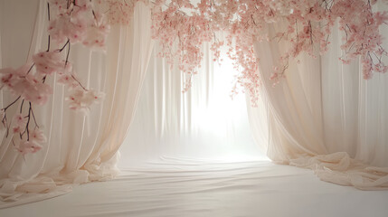 Pro studio setup with seamless white backdrop, professional lighting equipment for photo shoots. Clean, uncluttered composition. Soft shadows. Ideal for fashion product photography. Commercial style