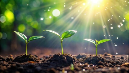 Three young seedlings reaching for sunlight, symbolizing growth, renewal, and the promise of a thriving future in fertile soil.