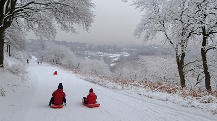 Children sledding down snowy hill in winter landscape