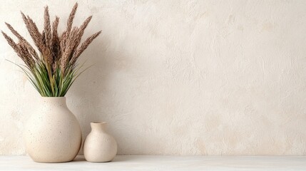 Beige Vase with Dried Plants on Light Background for Interior Decor