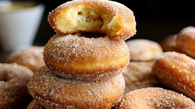 Freshly baked cinnamon sugar doughnuts stacked on a wooden board, perfect for snacking or enjoying with coffee at any time of day