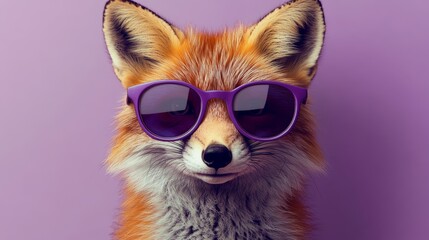 Naklejka premium Red fox wearing purple sunglasses against pastel purple background, playful and trendy. Animal fashion and style concept