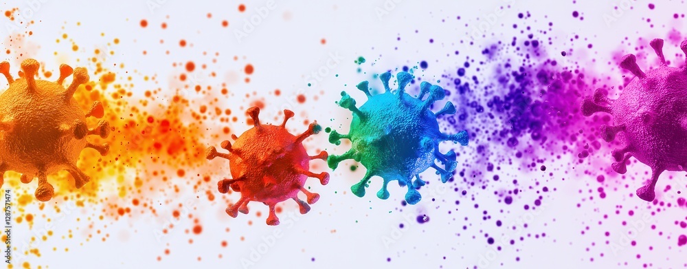 Poster a vibrant splash of colorful paint resembling virus shapes, creating a visually striking abstract de