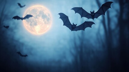 A haunting scene features bats flying against a full moon, shrouded in misty darkness, creating an eerie and mysterious atmosphere.