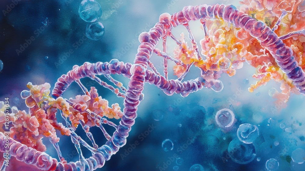 Poster a vibrant, close-up view of a dna double helix structure, showcasing its intricate details and surro