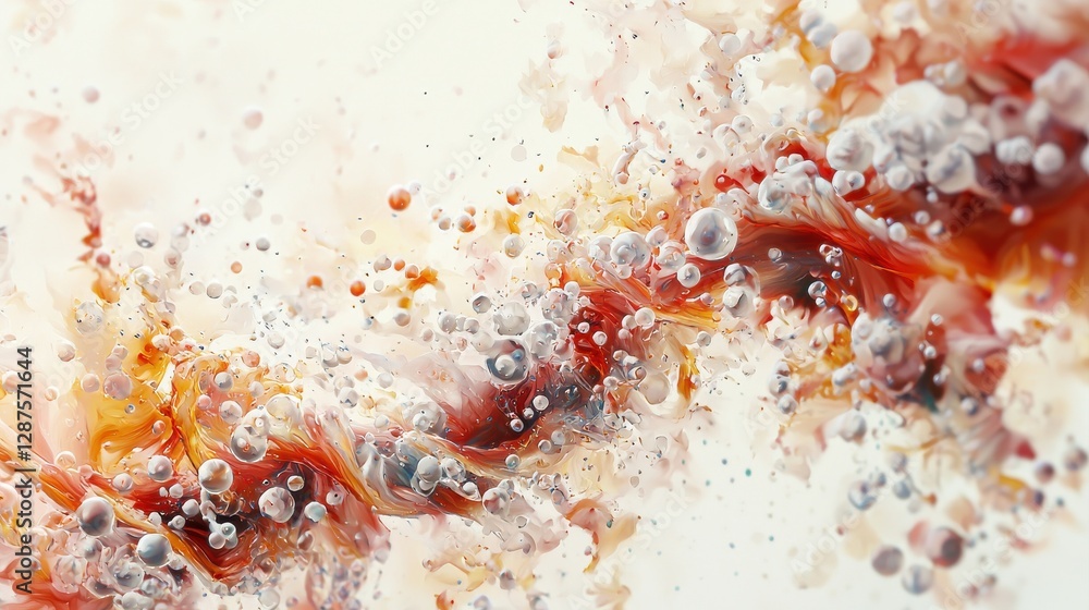 Poster an abstract image featuring swirling colors and bubbles, evoking a sense of fluidity and movement wi