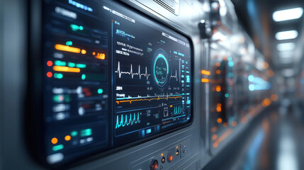 A futuristic AI-driven patient monitoring system displaying real-time heart rate, blood pressure, and oxygen levels