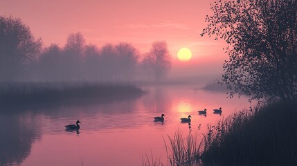 A winding river reflecting the soft pink hues a setting sun, with ducks swimming in the water