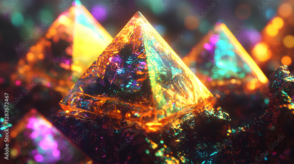 Poster group of colorful crystals displayed on a white surface with various shapes and sizes