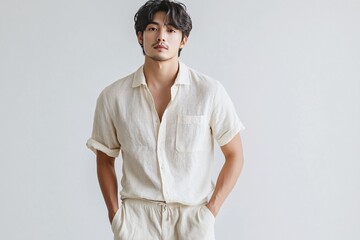 A handsome man in a light colored casual button down shirt