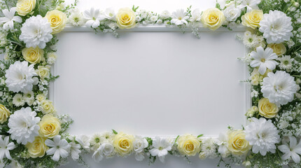 Fototapeta premium Serene arrangement of yellow and white flowers surrounding a white tray to create a peaceful and stylish display Earth Tone Modern Interior design inspiration