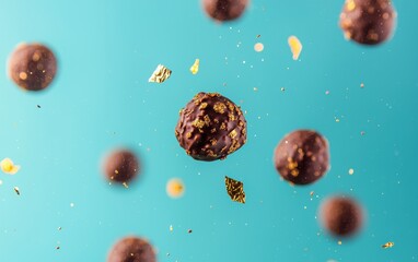 Floating chocolate truffles with gold leaf on a bright cyan background Easter Day