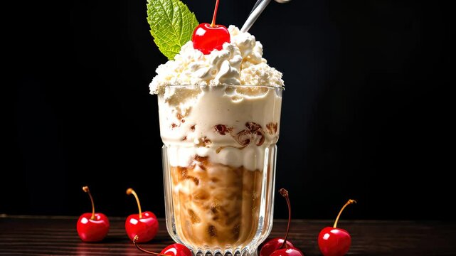A delicious ice cream float topped with whipped cream, a cherry, and garnished with a mint leaf, served in a classic glass against a dark background for an inviting dessert experience