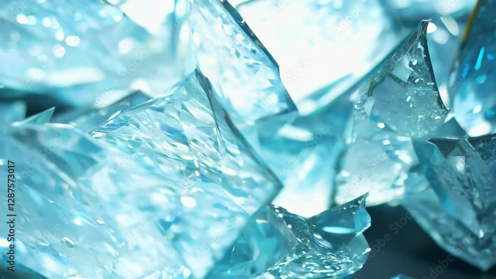 Poster macro video, delicate camera movement across sharp edge of translucent frosted glass shards, glowing