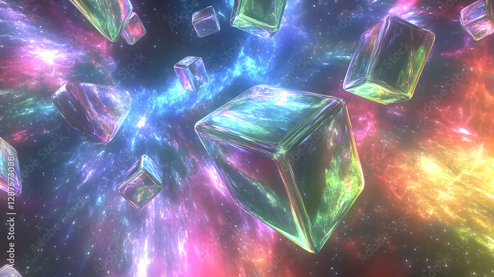 Poster colorful explosion of crystals floating in outer space with stars and cosmic background