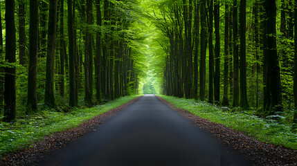 Obraz premium Asphalt Road Through Lush Green Forest Tunnel