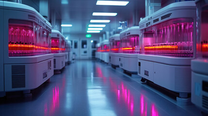 A high-tech blood analysis laboratory with automated robotic machines processing multiple samples simultaneously