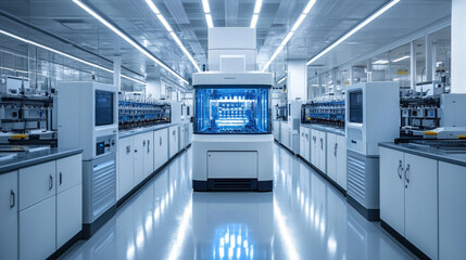 A high-tech blood analysis laboratory with automated robotic machines processing multiple samples simultaneously