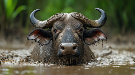 Fototapeta premium A majestic buffalo standing in a muddy rice paddy, powerful and proud