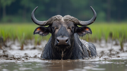 Fototapeta premium A majestic buffalo standing in a muddy rice paddy, powerful and proud